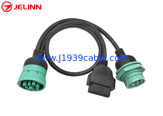 J1939 9 Pin 9pin Threaded Connector to OBD 2 OBDII 16 Pin 16pin Splitter Y Cable